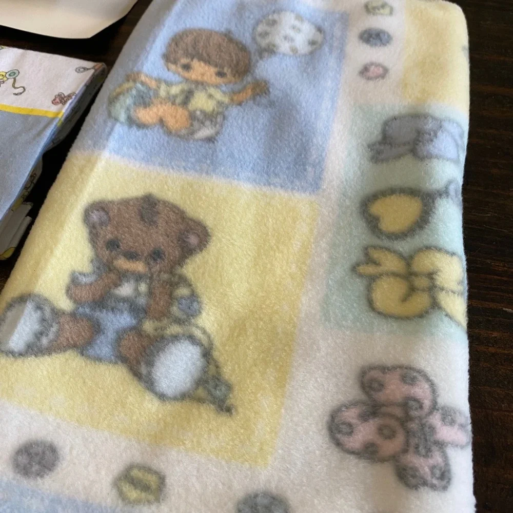 Vintage 2002 Precious Moments 2 Piece Baby Blanket Set Fleece Flannel Pastel